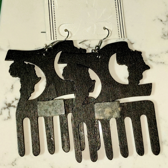 NEW Earrings Featuring Agate Stone! Wood. African Comb Design. Natural Hair. - Picture 5 of 5